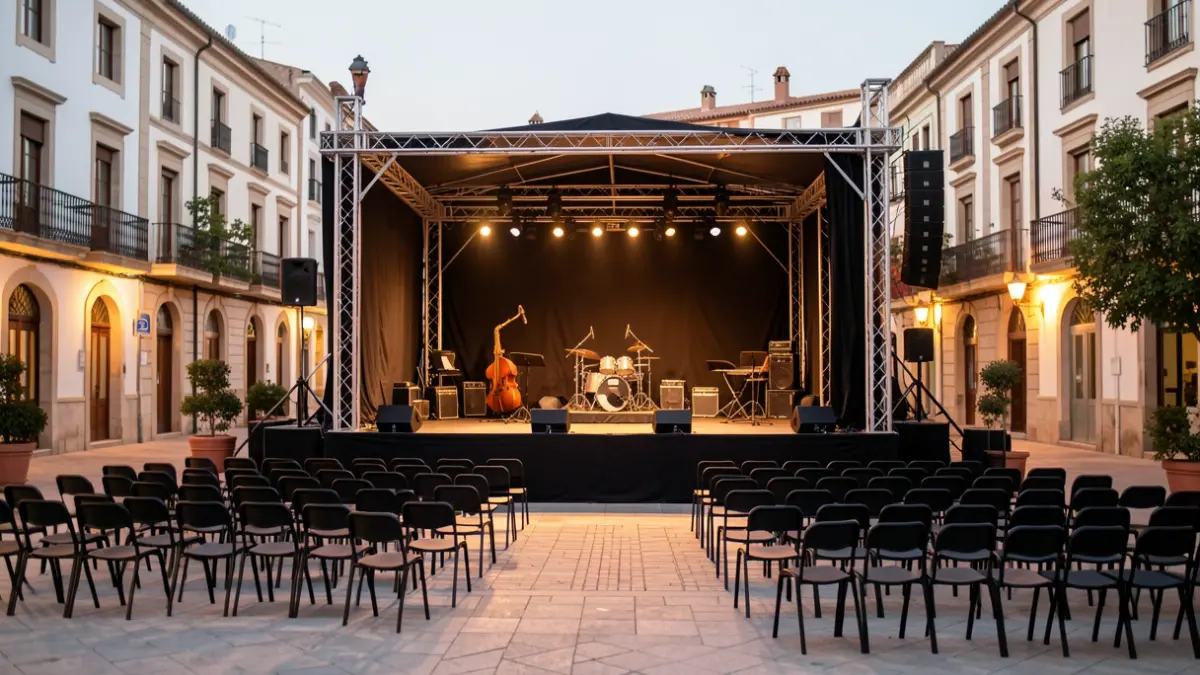 Escenario al aire libre preparado para un festival de jazz en una plaza pública de Tres Cantos.