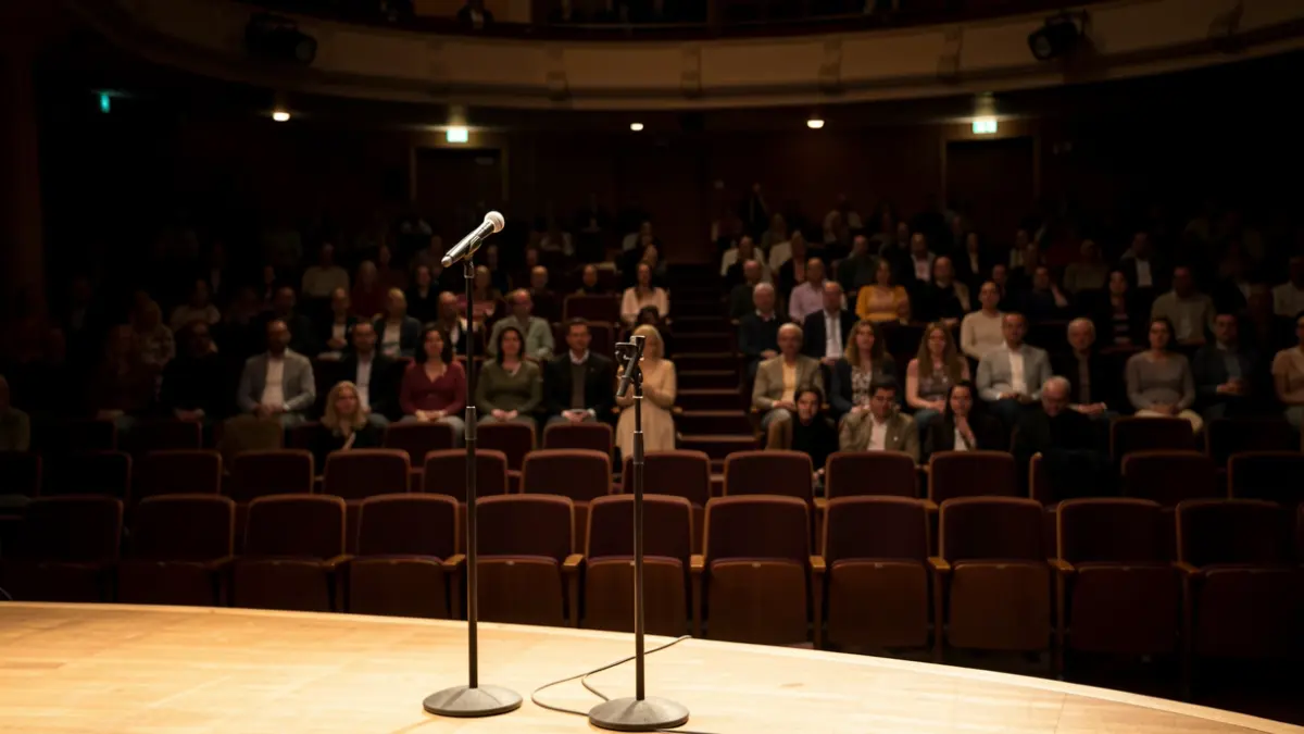 Generic image of an empty auditorium with a microphone on stage.