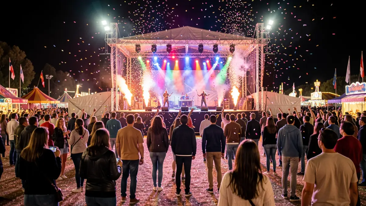 Imagen genérica de una fiesta nocturna en un recinto ferial con luces y confeti.