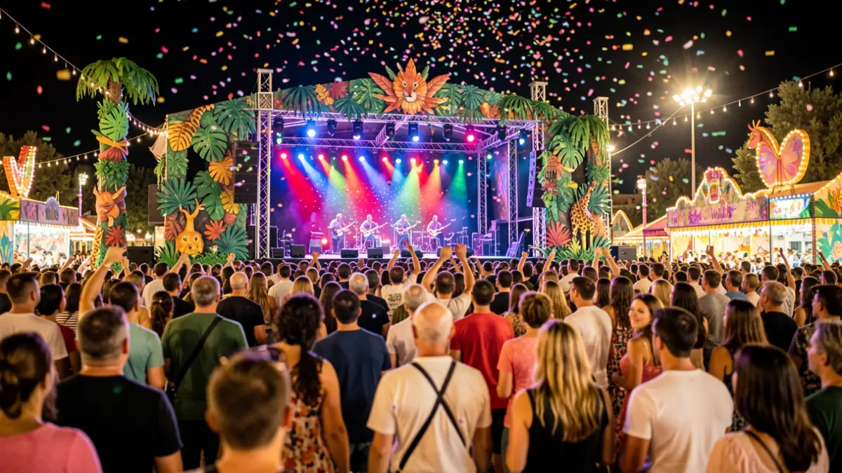 Generic image of a youth night party with a stage, lights, and confetti.