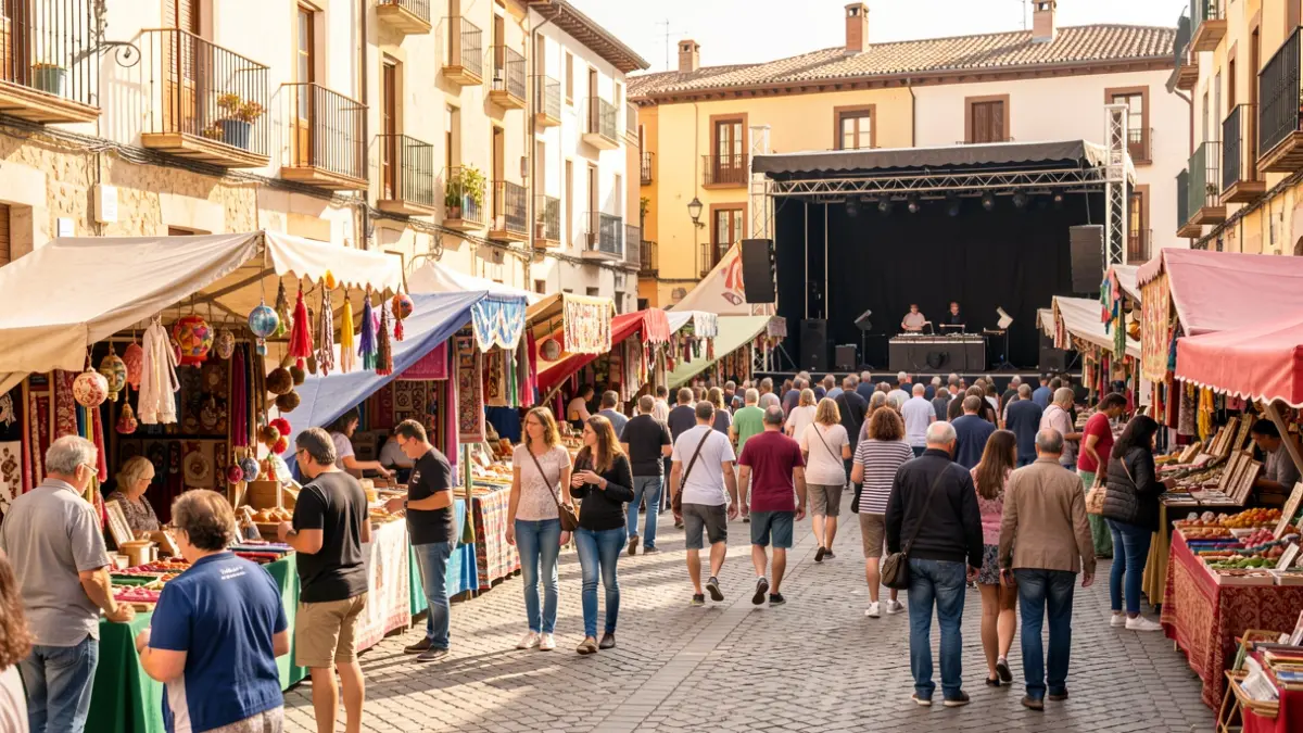 Imagen genérica de una feria comercial al aire libre con casetas y gente.