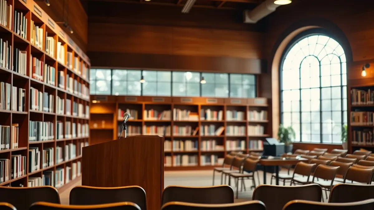 Generic image of a library or reading room with a microphone on a podium.