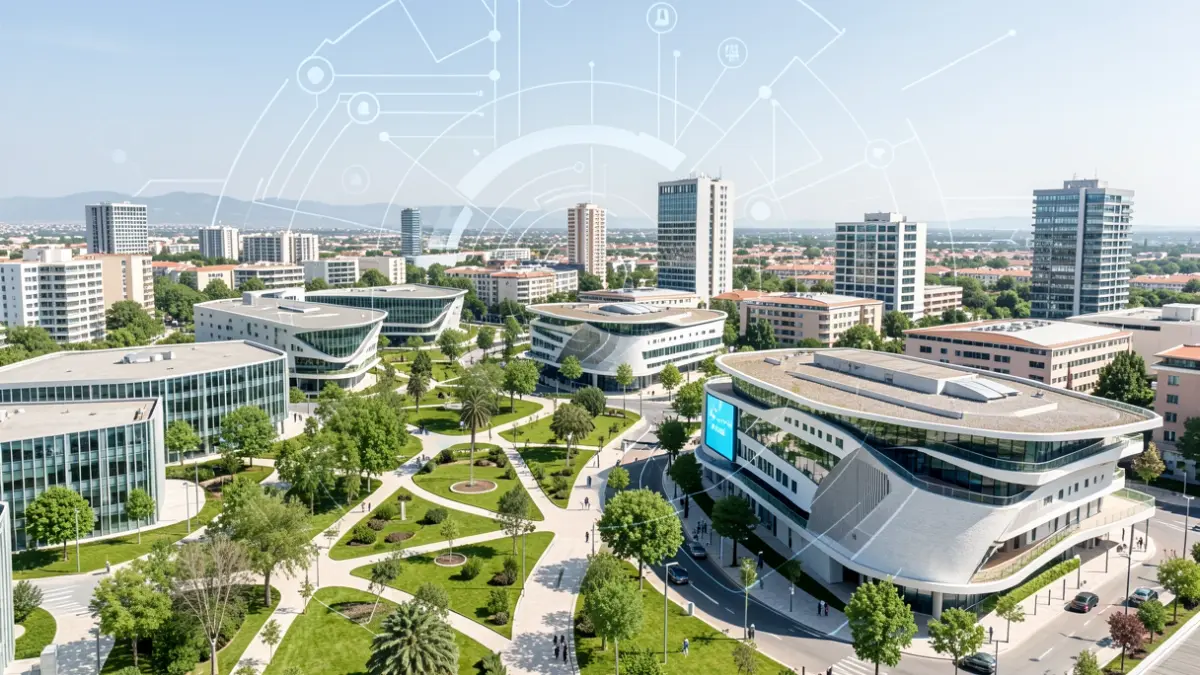 Imagen de la ciudad de Tres Cantos destacando su arquitectura moderna y su enfoque tecnológico.