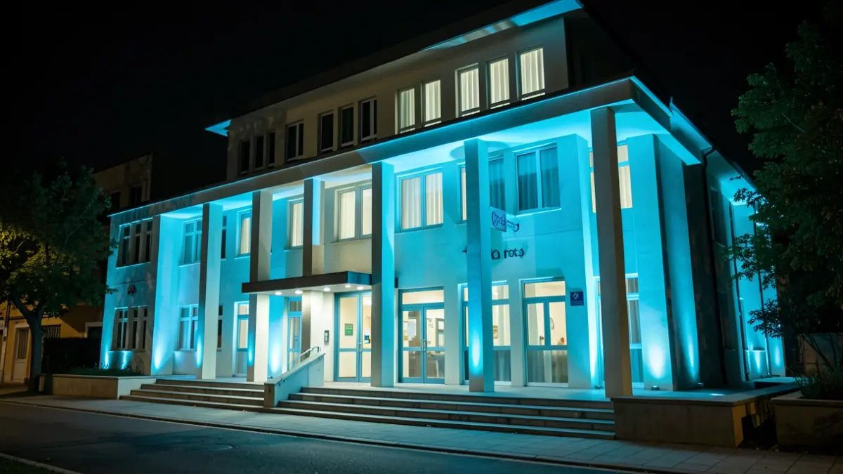 Facade of the Tres Cantos City Hall illuminated in cyan blue for Behçet's Disease Day.