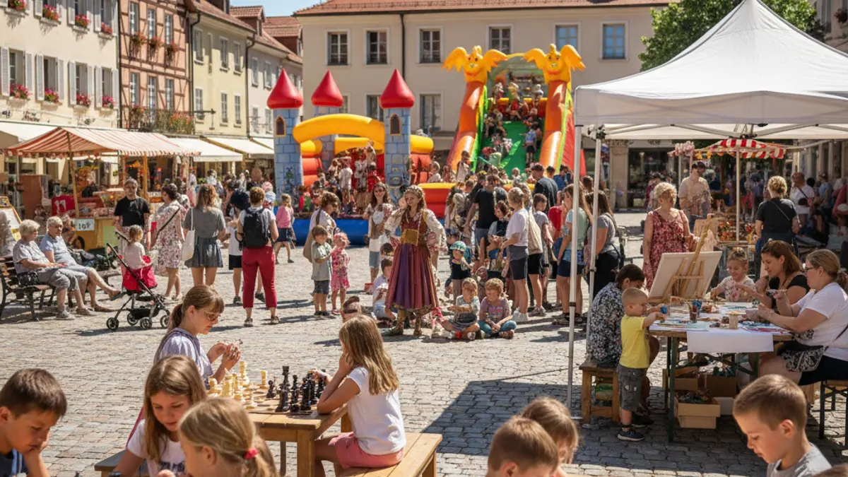 Image of a square with families participating in recreational and cultural activities.