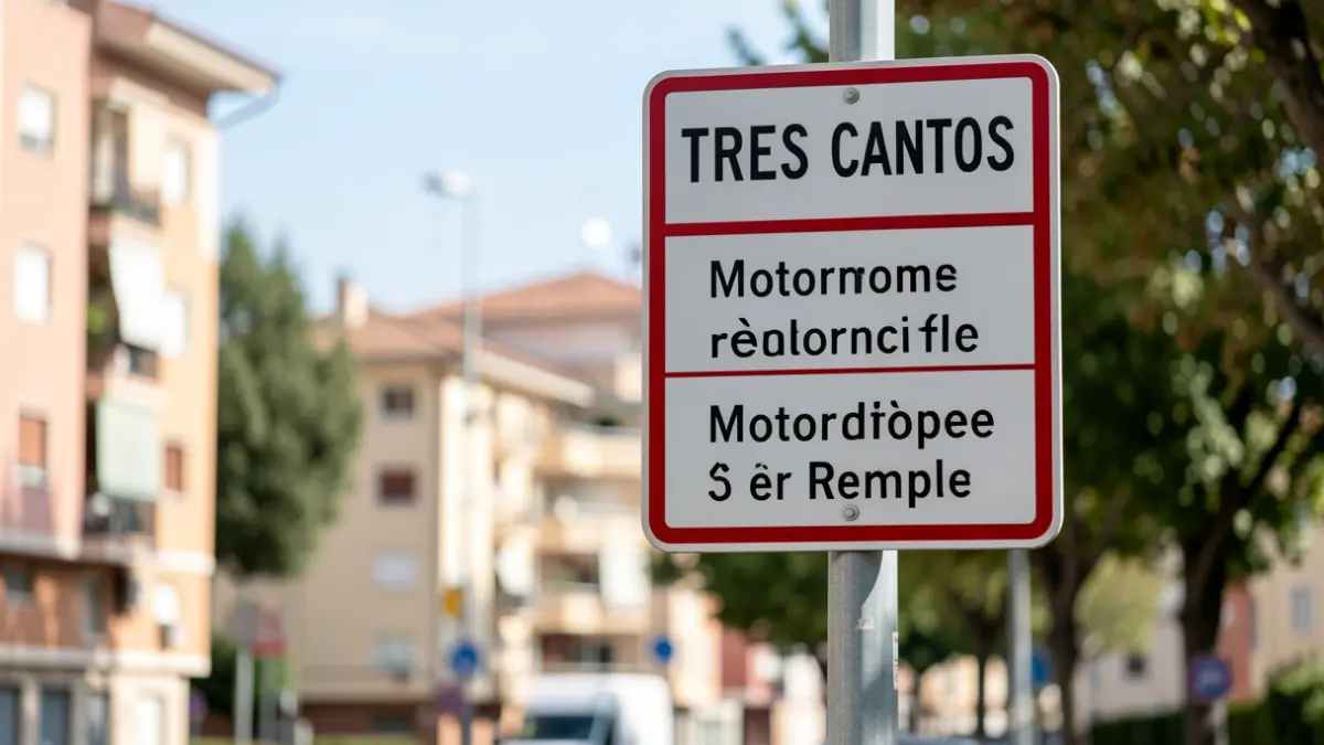 Señal de tráfico en Tres Cantos indicando zonas para autocaravanas y restricciones para camiones.