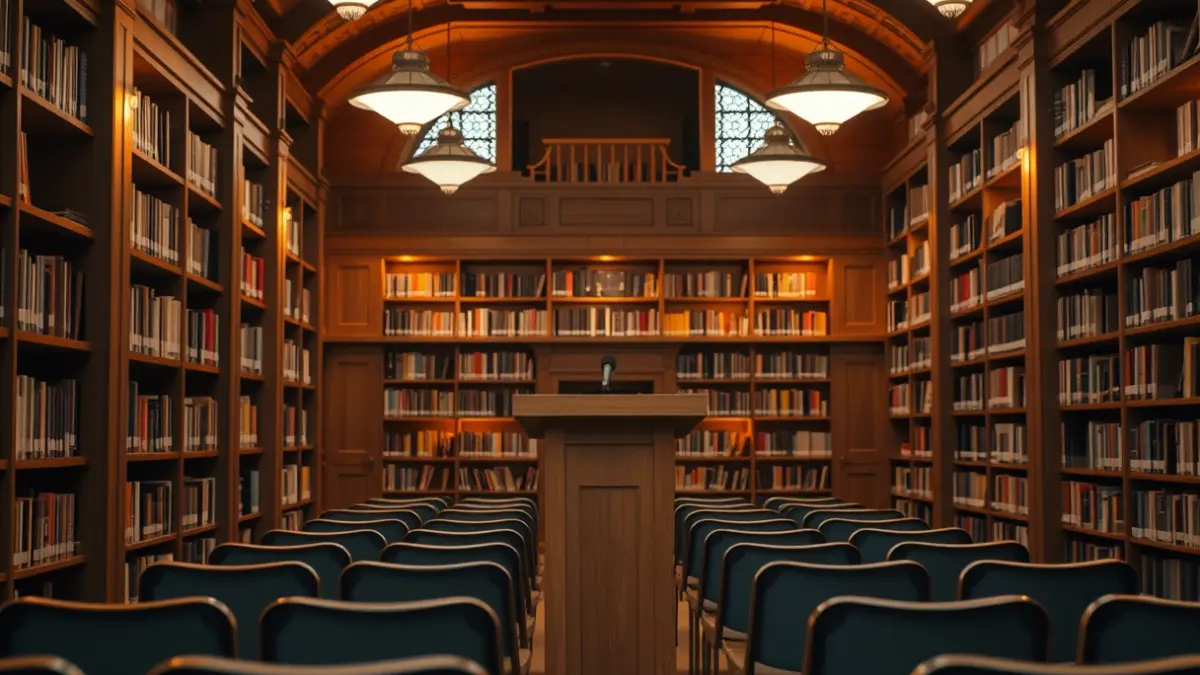 Imagen genérica de un interior de biblioteca con estanterías de madera y un micrófono en un podio, iluminado con luz cálida.