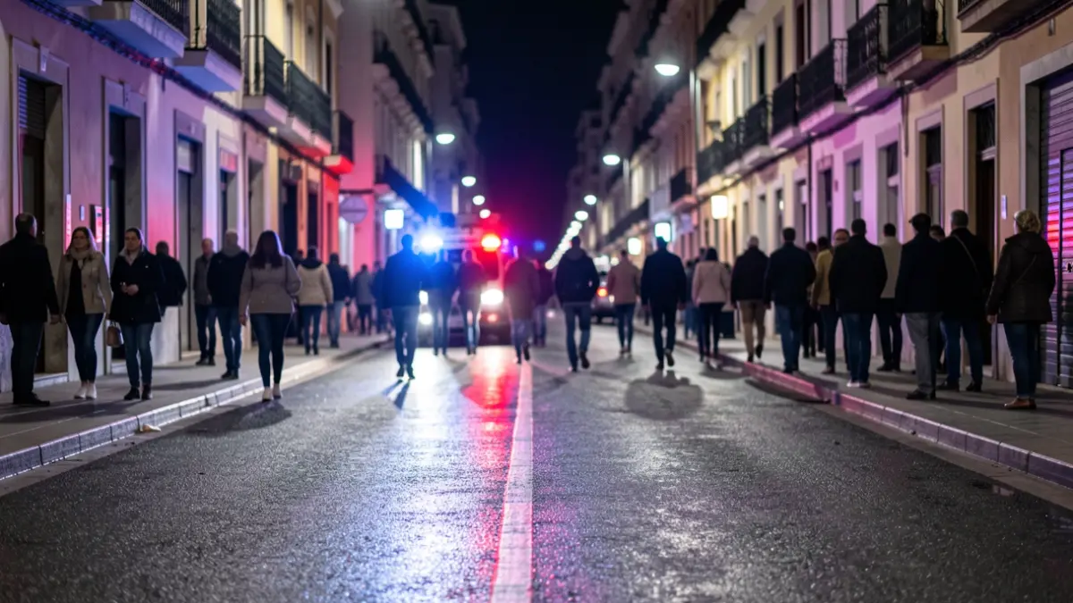 Imagen genérica de luces de emergencia policiales reflejándose en el asfalto mojado por la noche.