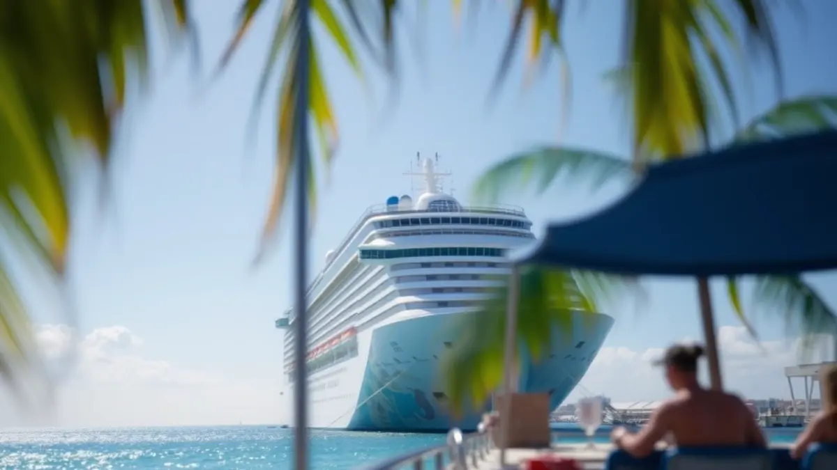Image of a cruise ship anchored in a tropical port.