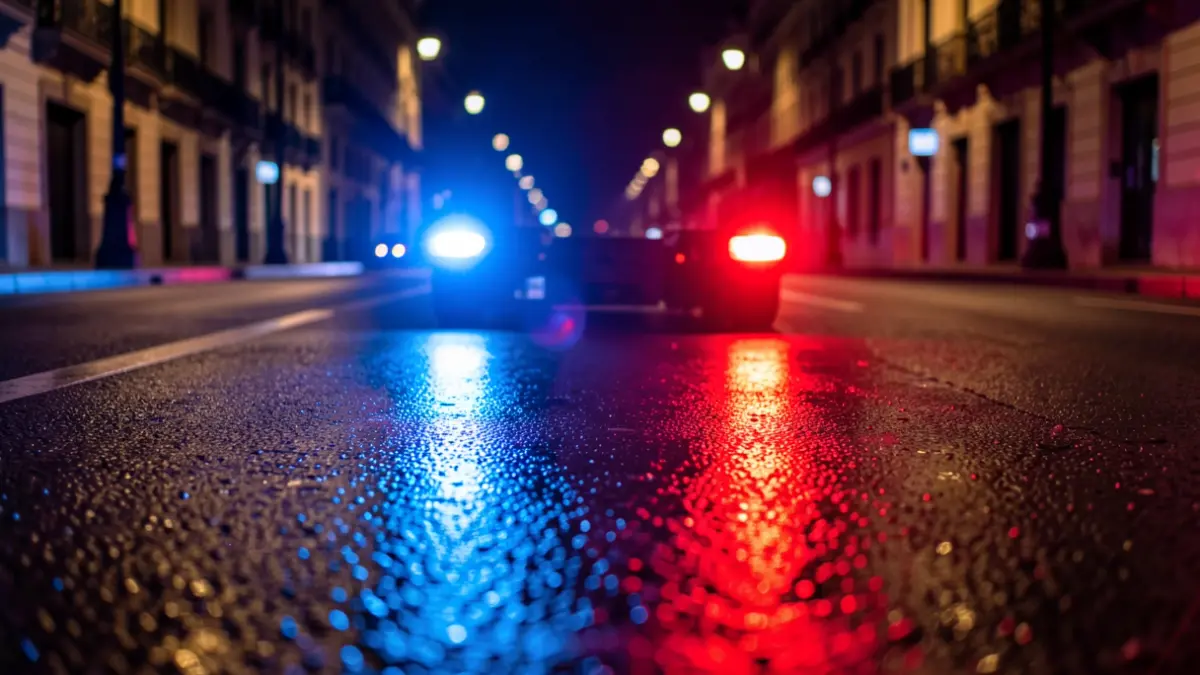 Generic image of police emergency lights reflecting on asphalt at night.