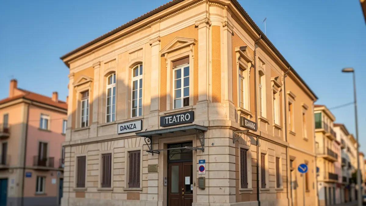 Facade of a municipal building in Tres Cantos with signs for Dance and Theater.
