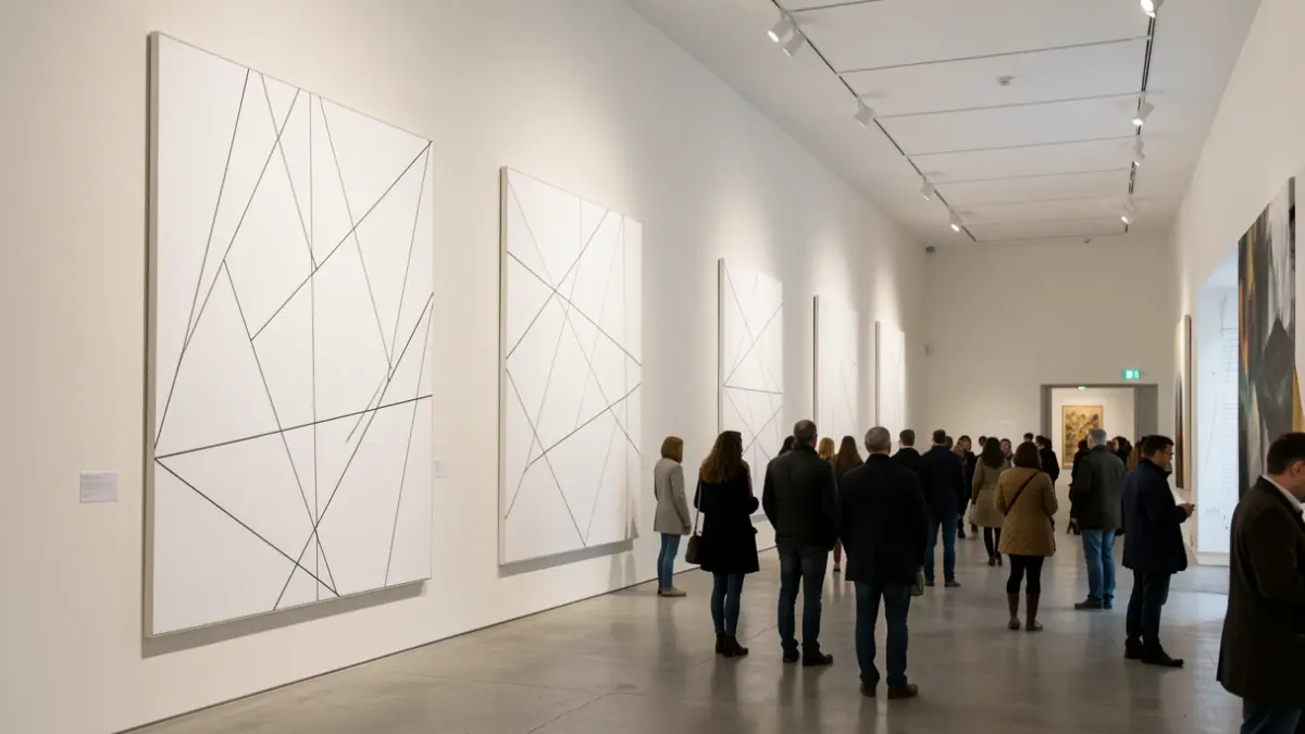 Exposición de arte abstracto con predominio del blanco y formas geométricas en un centro cultural.