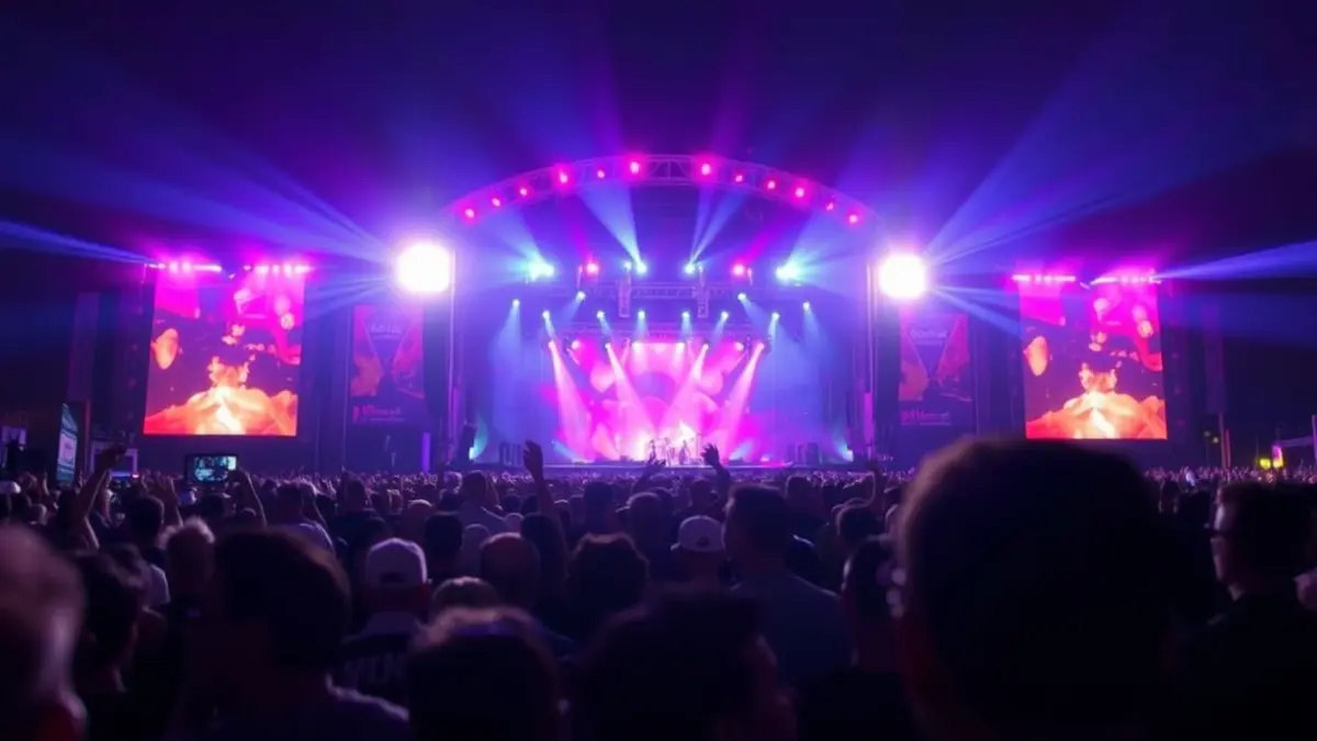 Imagen genérica de un escenario de concierto con luces brillantes y una multitud difuminada.