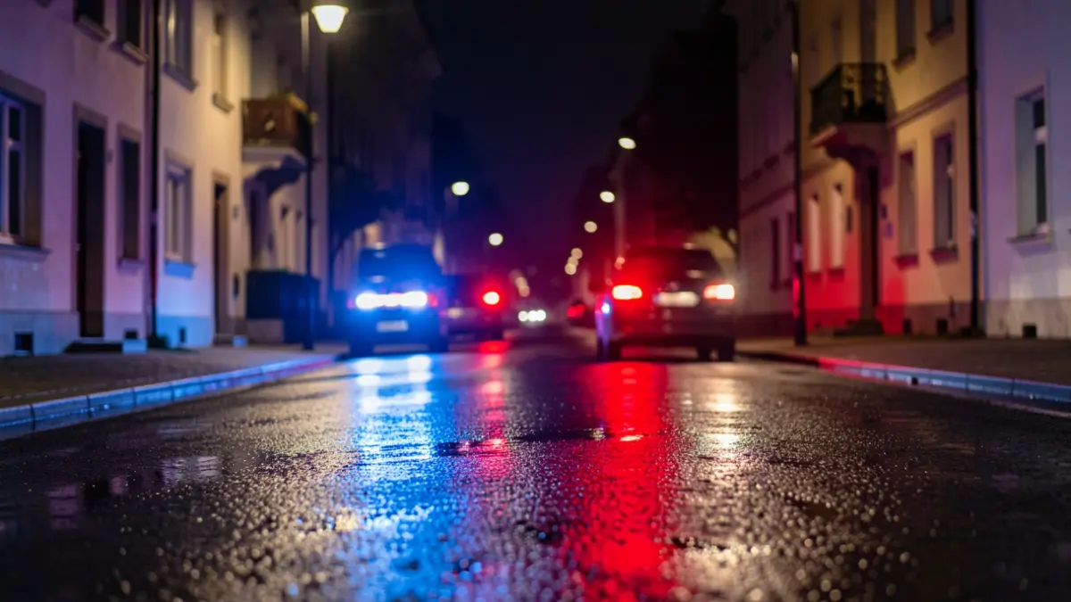 Generic image of emergency lights reflecting on asphalt during a night intervention.