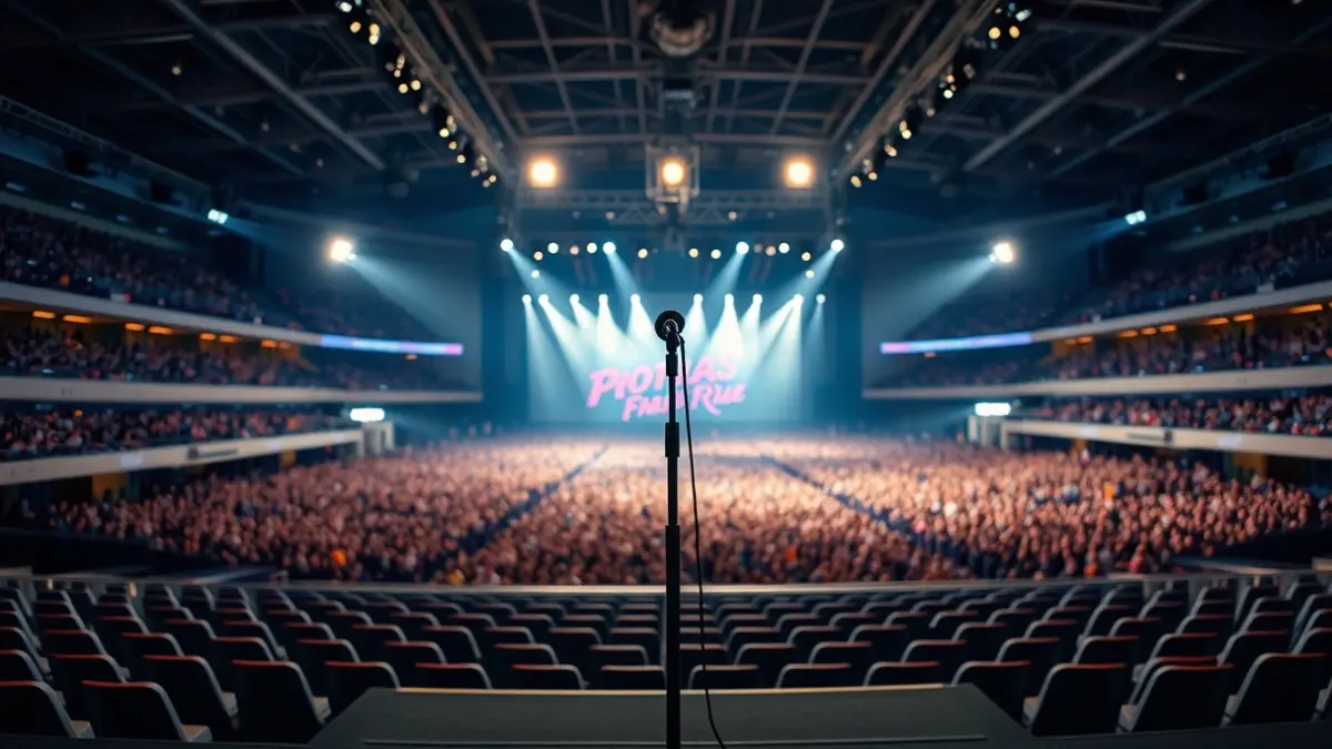 Imagen genérica de un gran estadio o arena de conciertos vacío, con luces de escenario.