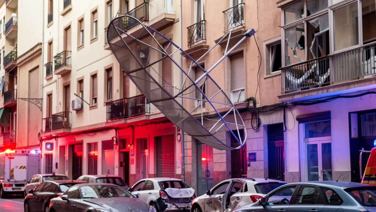 Metal antenna detached and hanging from a building facade in Madrid, with damaged cars below.