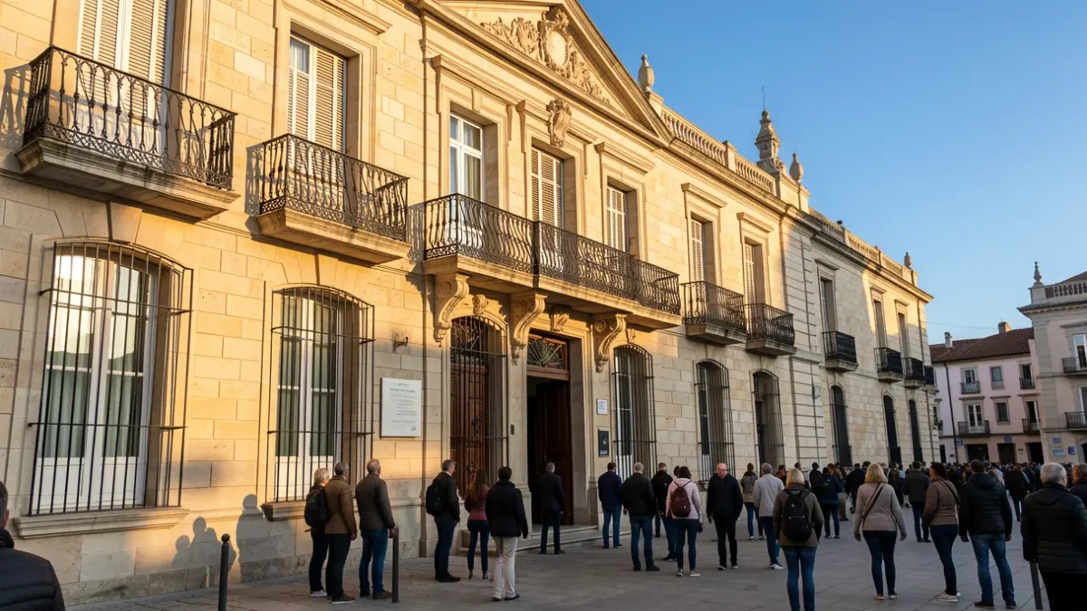 Facade of a municipal building in Madrid with a balcony and iron railings, afternoon sunlight.