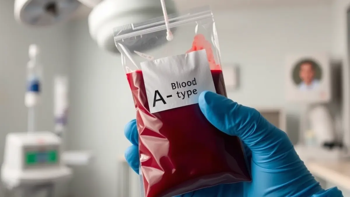 Generic image of a blood bag with 'A-' label