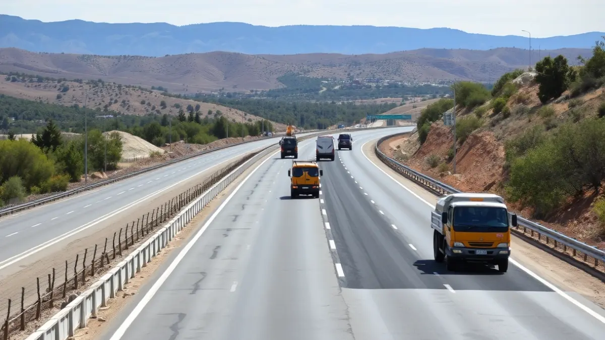 Image of a highway under construction, with heavy machinery and asphalt, in a hilly landscape.