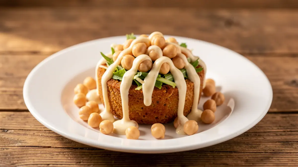 Primer plano de una ensaladilla tradicional española con garbanzos y veganesa.