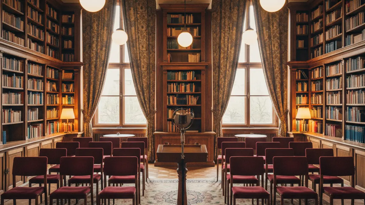 Generic image of a library interior with wooden bookshelves and a microphone on a podium.