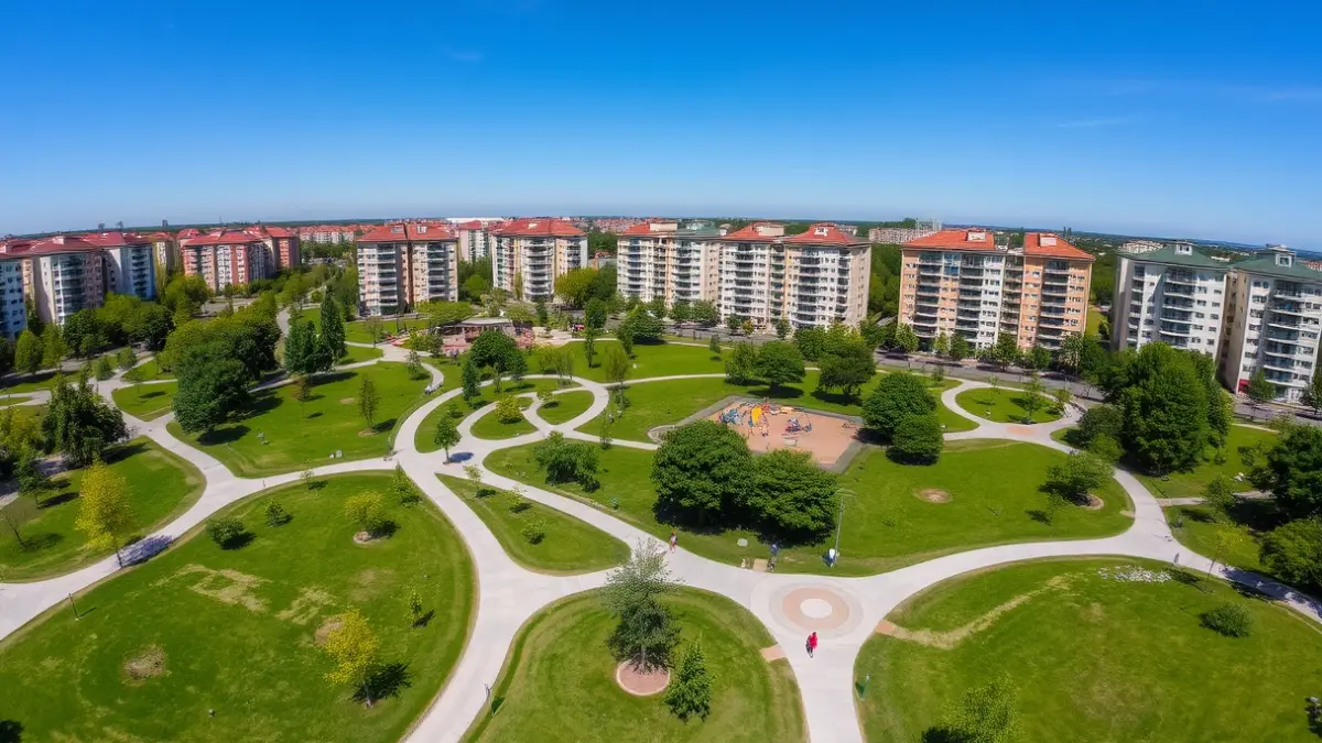 Aerial image of an urban park with green areas and playgrounds.