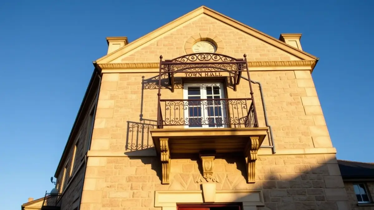 Facade of Valdemoro town hall with balconies and iron railings, under the afternoon sunlight.