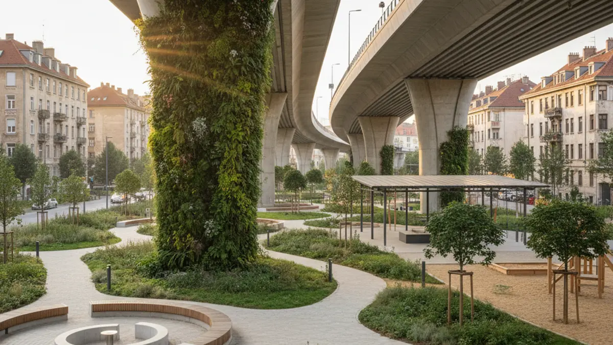 Image of a vertical garden and pedestrian space under an urban bridge.