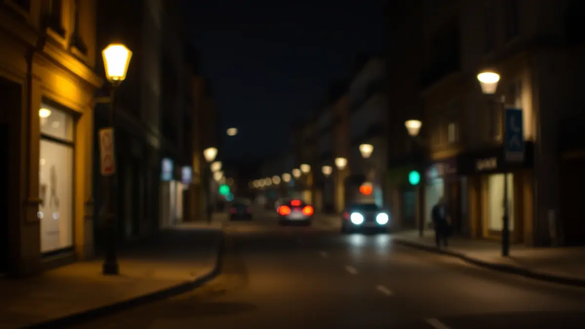 Generic image of a dark street at night, with blurred streetlights and shadows.