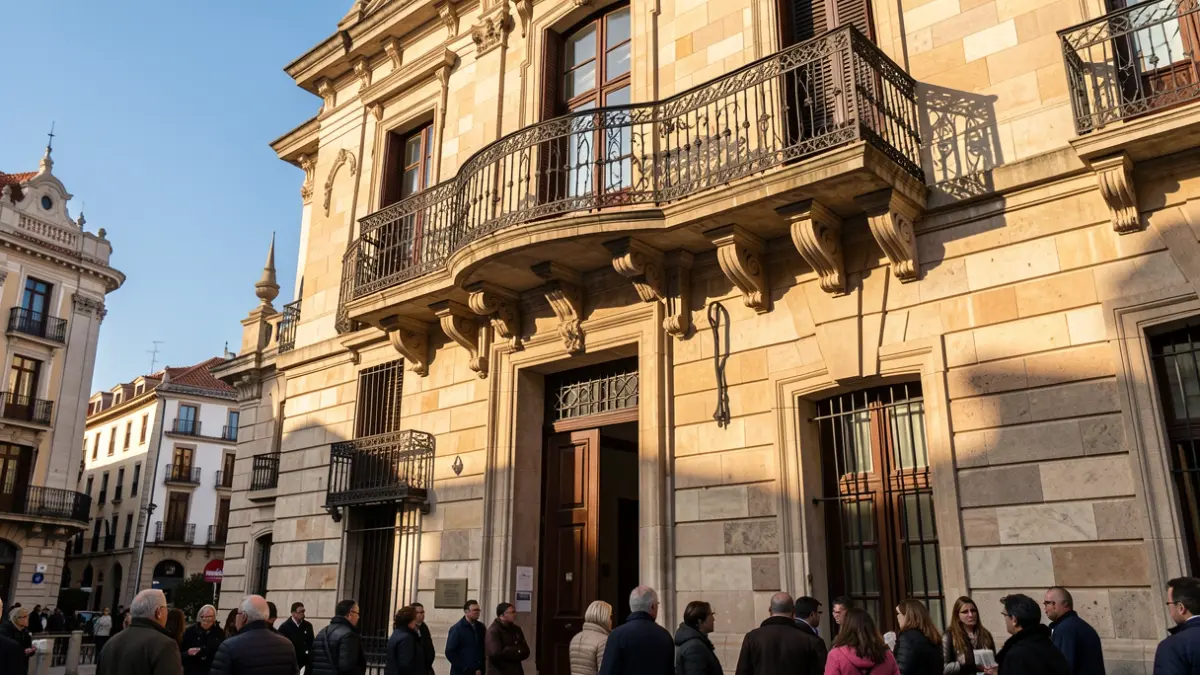 Facade of a Madrid town hall with a balcony and iron railings, afternoon sunlight.