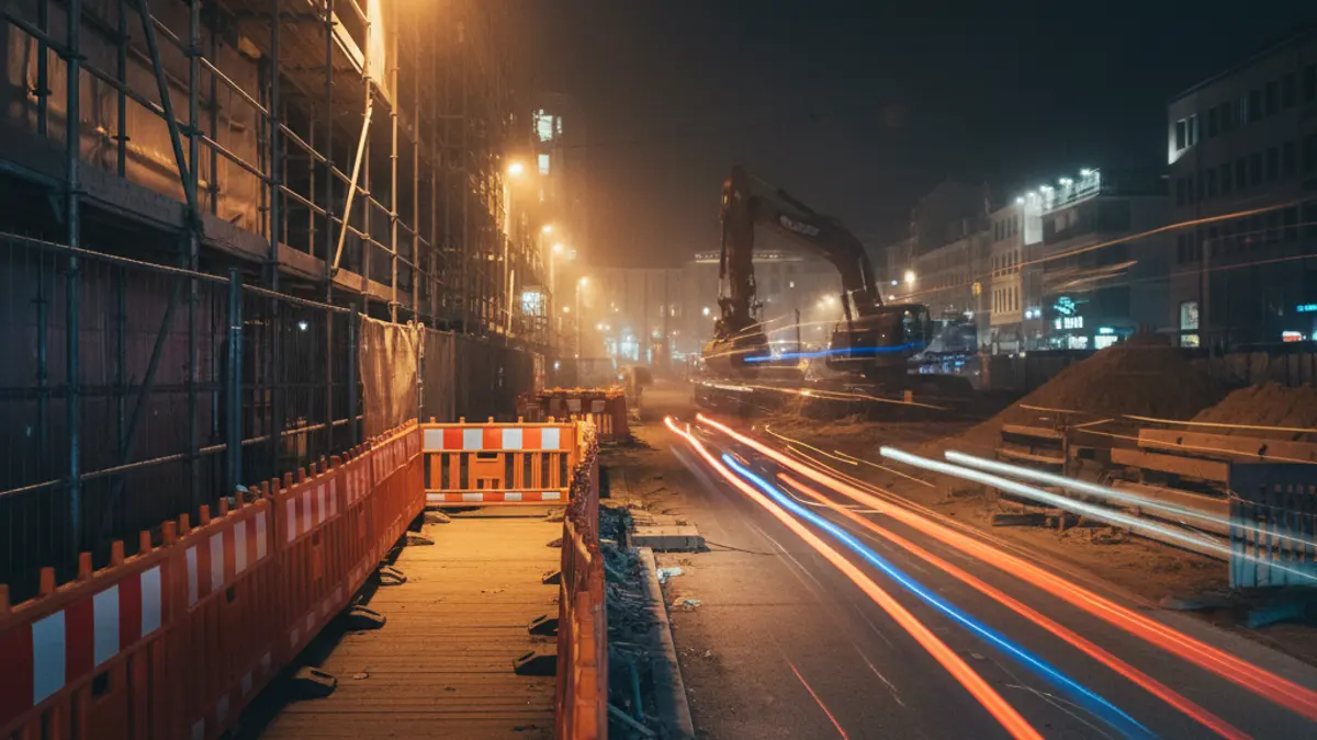 Image of a nighttime construction area with emergency lights and fences.