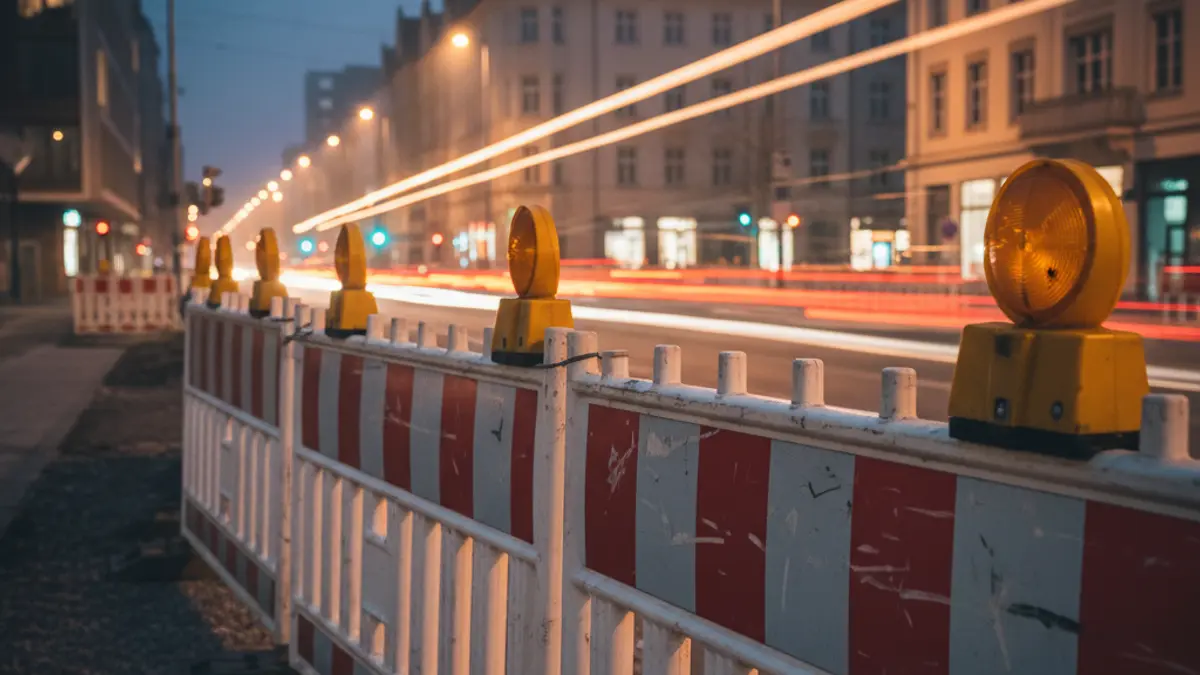 Imagen genérica de una barrera de obra en un entorno urbano nocturno, simbolizando las molestias por trabajos de construcción.