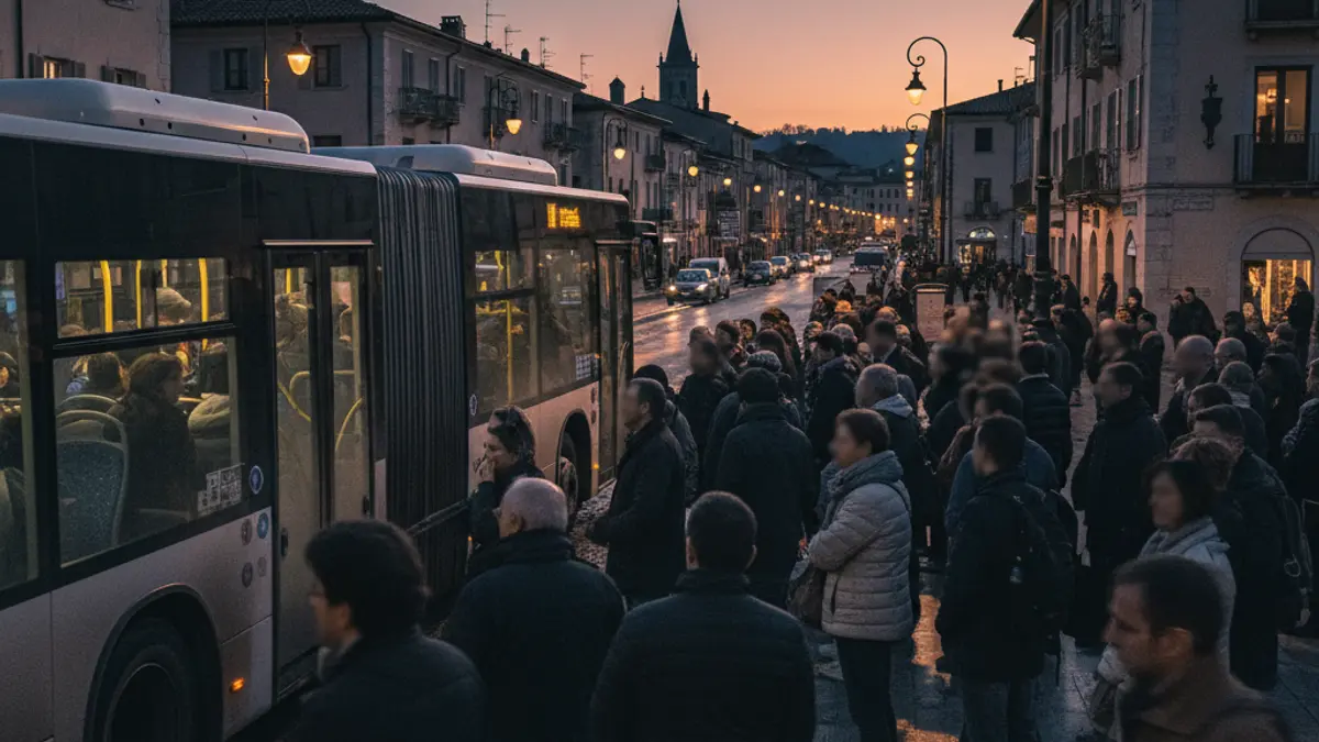 Imagen de una parada de autobús con personas esperando y un autobús lleno.