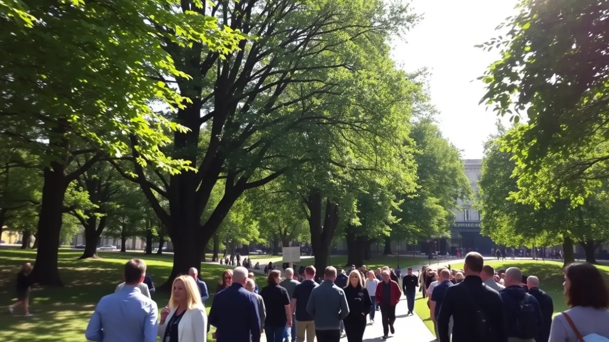 Image of a group of people walking through a park during a neighborhood protest.