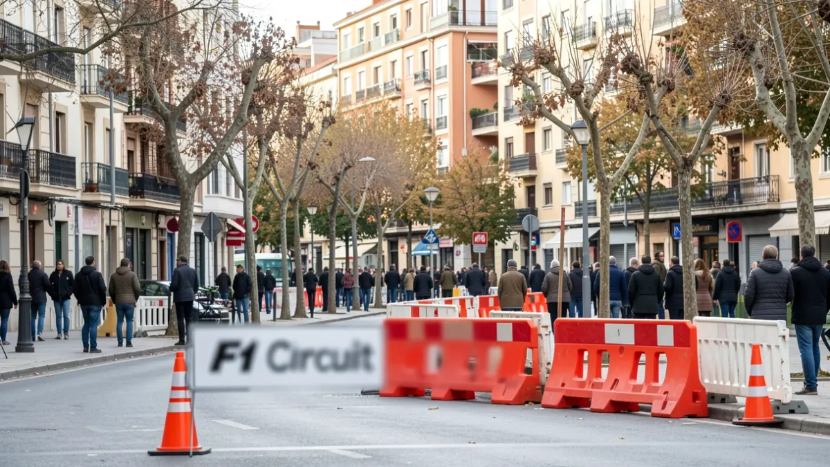 Imagen de obras de construcción de un circuito de Fórmula 1 en un barrio residencial de Madrid, con barreras y árboles afectados.
