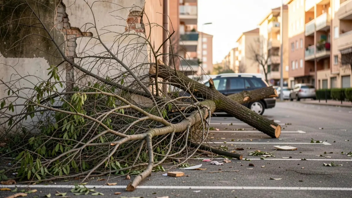 Restos de árboles y cascotes bloqueando plazas de aparcamiento en Majadahonda tras un temporal.