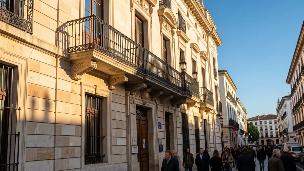 Fachada de un ayuntamiento de la Comunidad de Madrid con balcón y barandillas de hierro, luz cálida de la tarde.