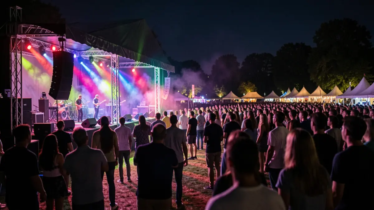Imagen genérica de un festival de música nocturno con luces y público difuminado.