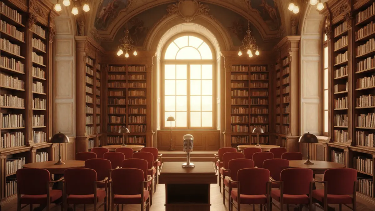 Generic image of a library interior with wooden bookshelves and a podium with a microphone.