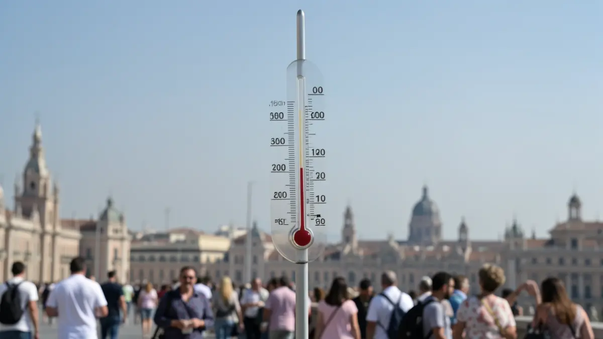 Thermometer showing high temperature with the Madrid skyline in the background.