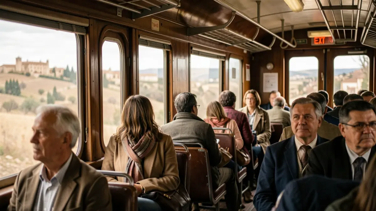 Interior of a tourist train carriage with passengers observing the landscape of Castilla-La Mancha.