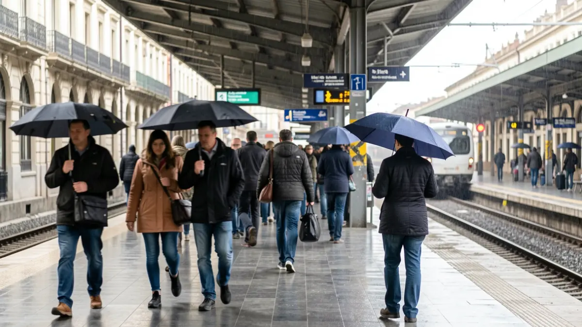 Imagen genérica de una estación de tren con viajeros esperando bajo la lluvia, reflejando la frustración por los retrasos.