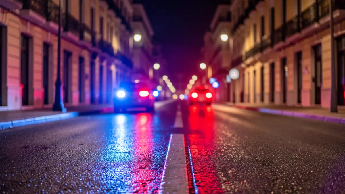 Imagen genérica de luces de emergencia policiales reflejándose en el asfalto mojado por la noche.