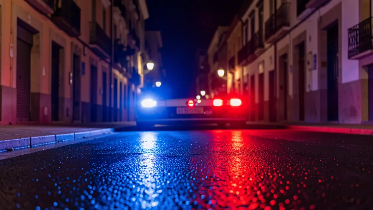 Imagen genérica de luces de emergencia policiales reflejándose en el asfalto mojado por la noche.