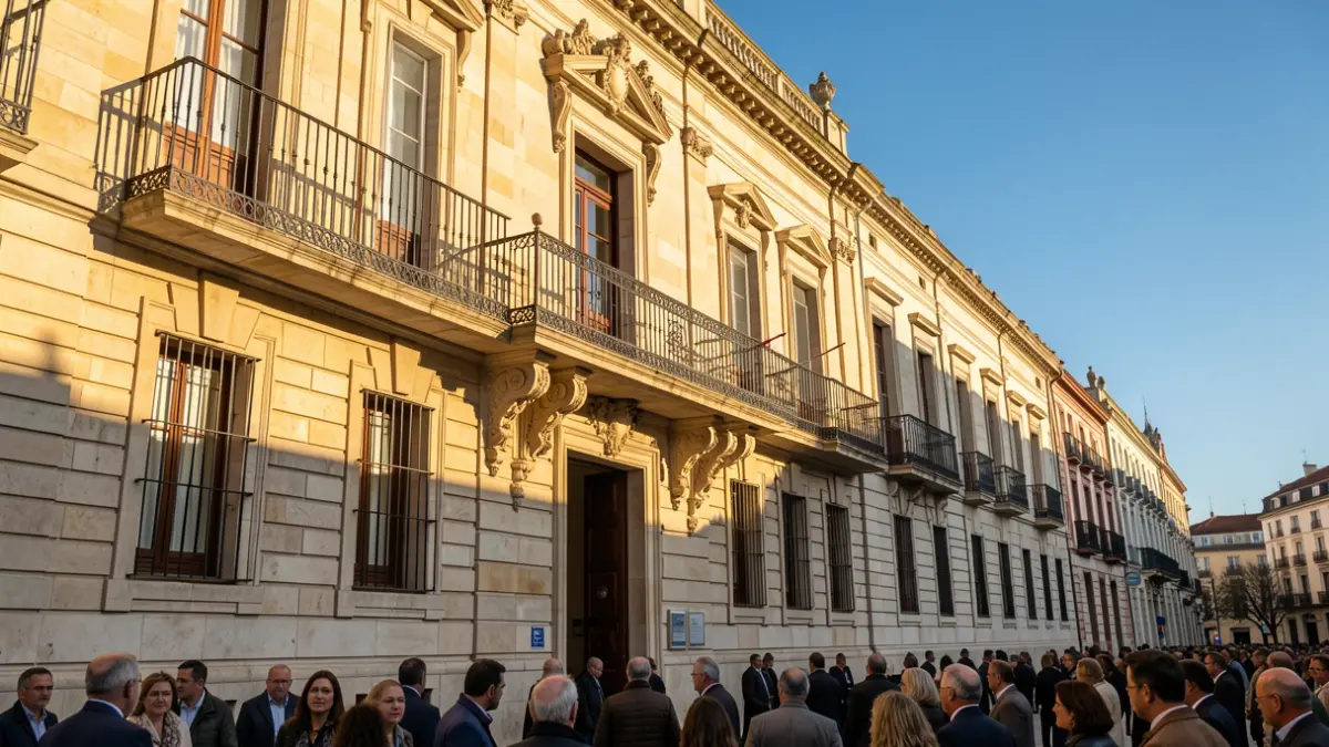 Facade of a town hall in the Community of Madrid with a balcony and iron railings, afternoon sunlight.