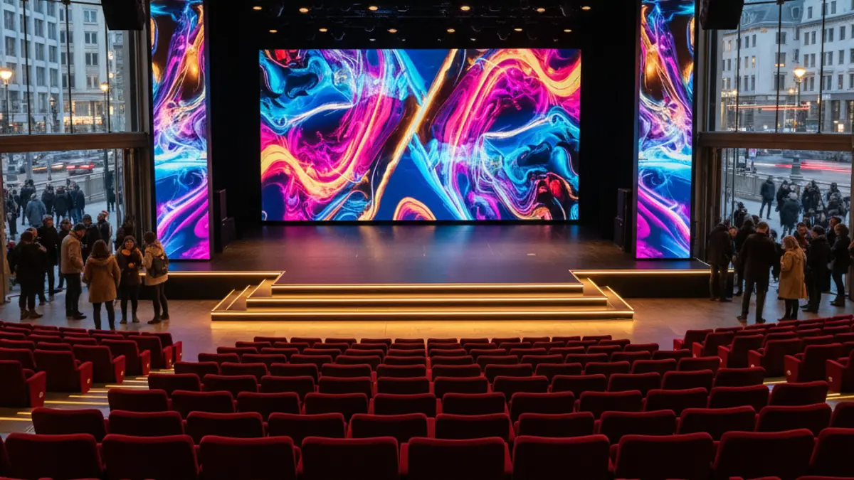 Image of a show stage with lights and screens, reflecting an immersive experience.