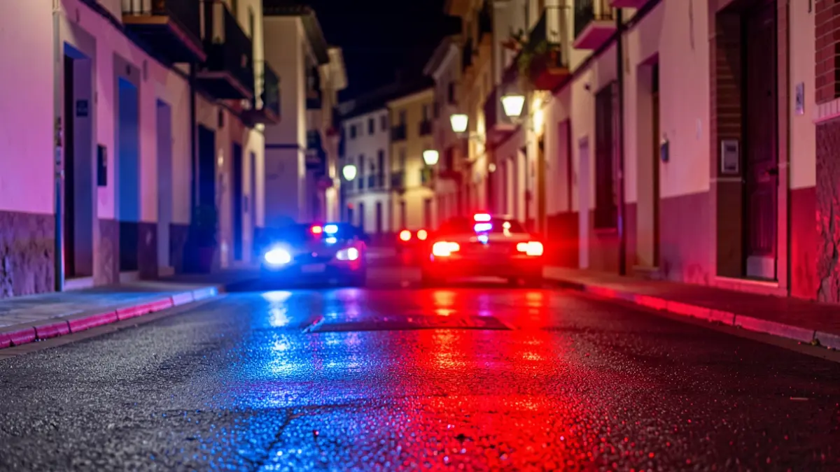 Generic image of police emergency lights reflecting on wet asphalt at night.