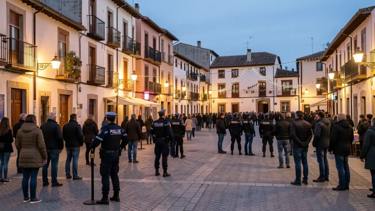 Generic image of a Spanish town square with police presence during a festival.