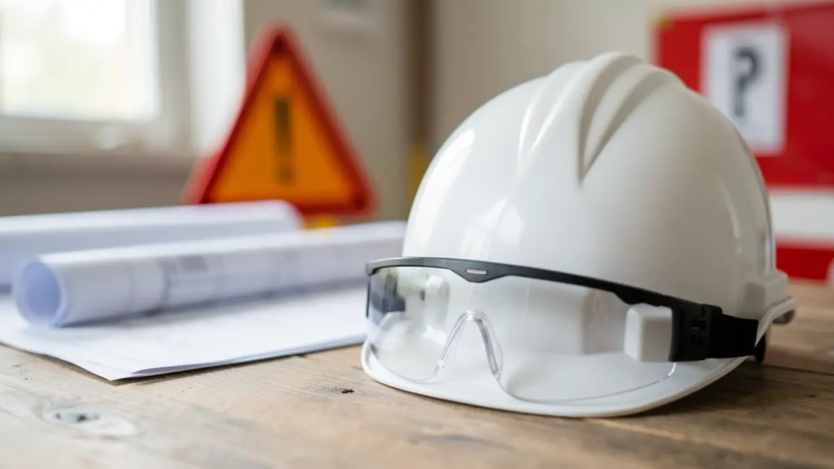 Casco de obra y gafas de seguridad sobre una mesa con planos y señal de advertencia.