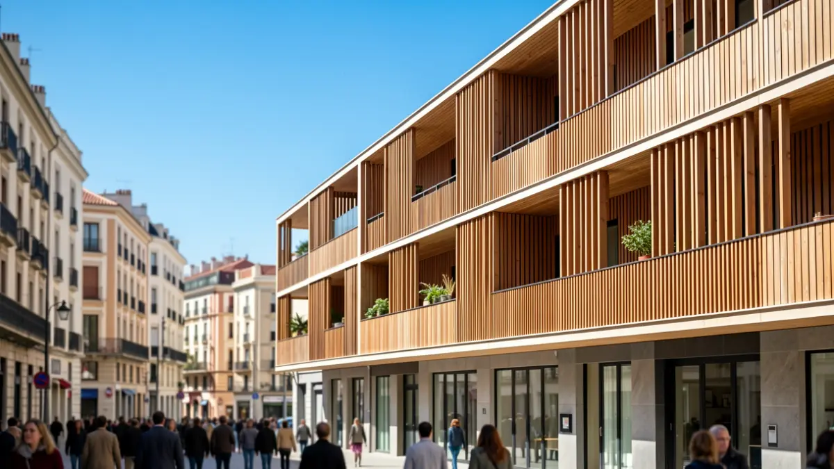 Fachada de un edificio residencial moderno con elementos de madera.